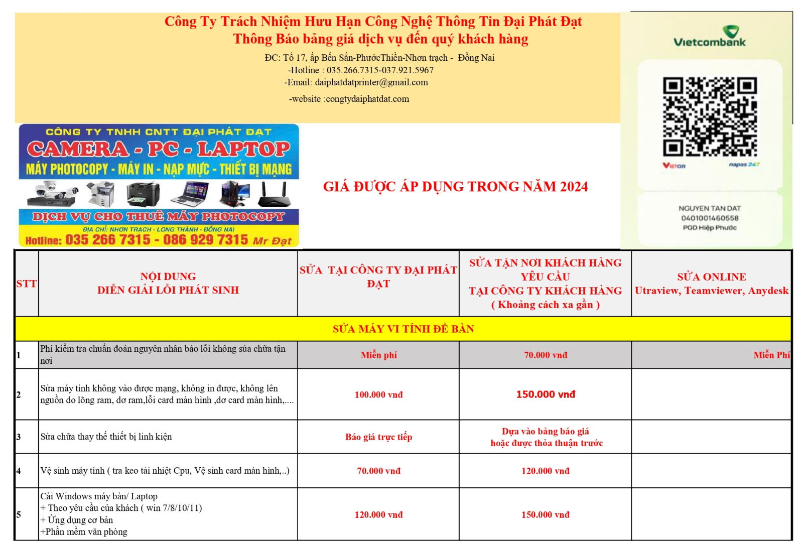 BẢNG BÁO GIÁ DỊCH VỤ CÔNG TY TNHH CNTT ĐẠI PHÁT ĐẠT